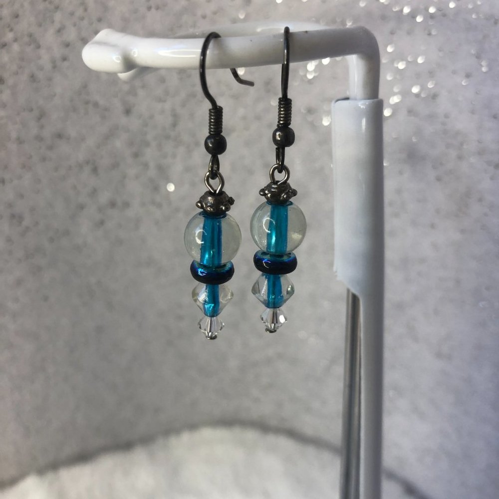 Blue and Crystal Clear Glass Dangly Earrings